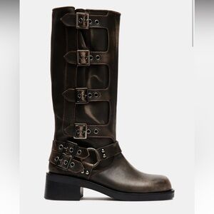 Steve Madden Dark Brown Buckle-Detail Knee-High Moto Boots